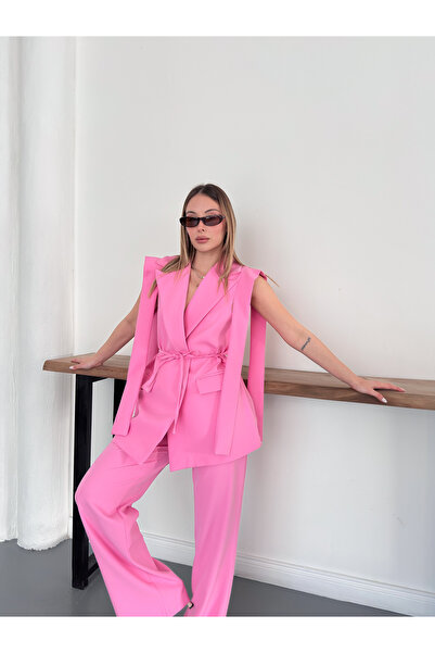 Ekim Store Με δέσιμο Σετ με ζωνάτο μπλέιζερ και σετ κοστούμι με γιλέκο παντελ...