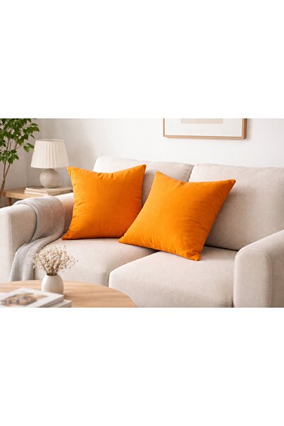 Faralya Life %100 Polyester Düz Turuncu 2 li Kırlent Kılıfı 45x45 cm – Dekoratif Koltuk Yastık Kılıfı Modern Salon Dekoru