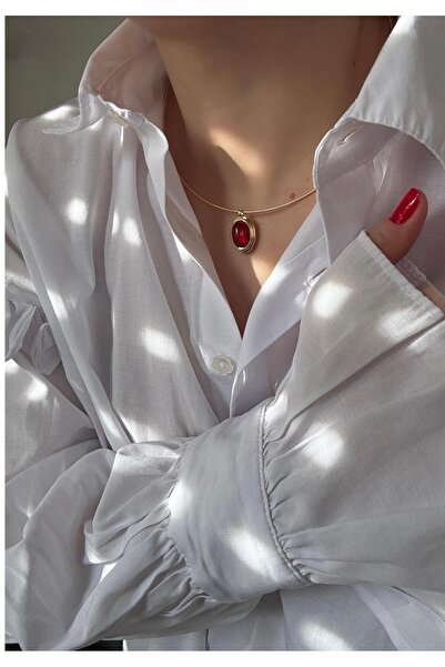 Xui Trend Model Pirinç Gold Renk Bordo Oval Taşlı Kaplan Gözü Choker Kolye