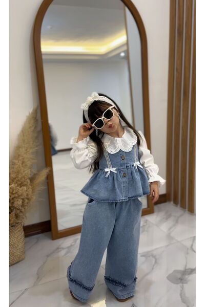 Karaniko Kids Set de blugi pentru fete - dantelă bluză din denim cu bretele ș...