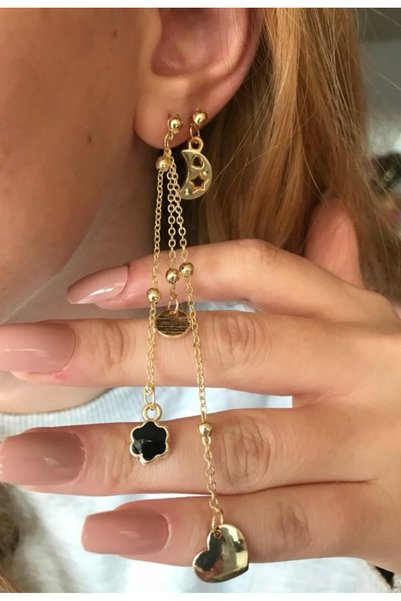 DİESMOONCO Multi-Tip (Moon Heart Flower) Dangle Chain Double Earrings - Women's Gold Earrings