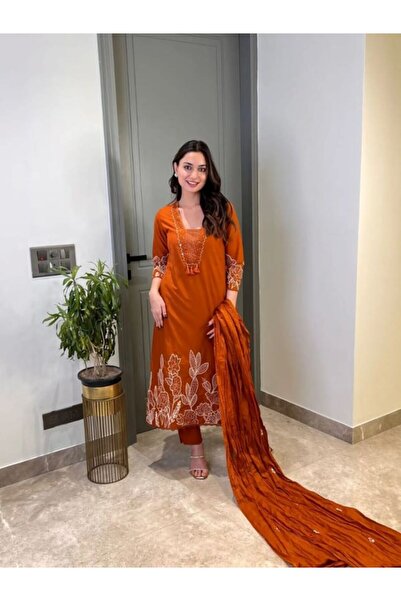 Genaric Rust Heritage Embroidered Cotton Kurta Set – 3 Piece Ethnic Suit,