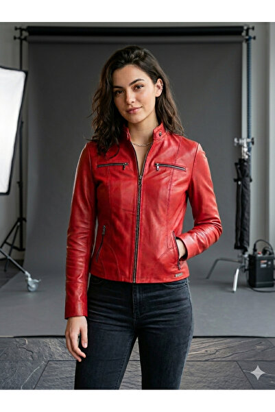 Savran Deri Blaze Women's Red Genuine Leather Coat