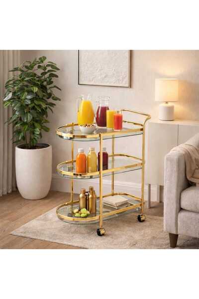 Generic عربة تقديم زجاجية بعجلات – ثلاث طبقات بتصميم عصري ذهبي