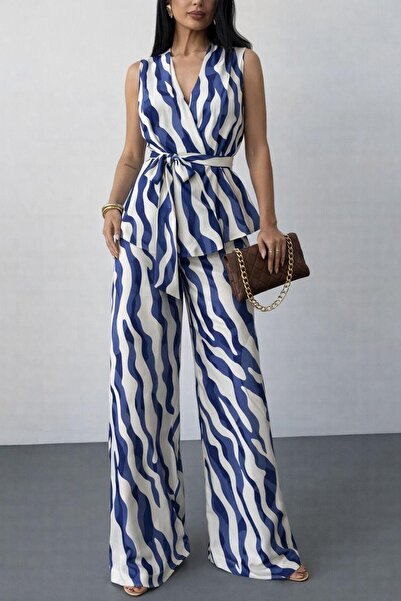 VALE WOMAN Desenli Viskon Pamuk Kumaş Şık İkili Takım – Kuşaklı Bluz ve Bol P...