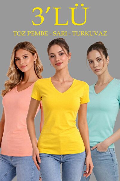 LUMİART Women's 3-Pack V-Neck T-Shirts – Short Sleeve Summer Slim Fit Body - ...