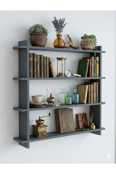 woodeska Dekoratif Duvar Rafı, Modern Duvar Rafı, Mobilya, Antrasit Gri, 3lü Raf