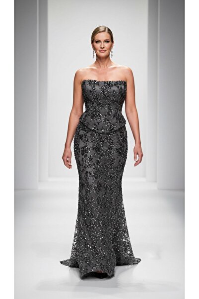 aşkın göksu Gri Straplez Yaka Büstiyer Görünümlü Komple Payet İşlemeli Kadın ...