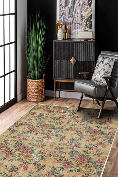 Aybek Home Floral Vintage Desen Baskılı Yıkanabilir Dokuma Taban Kaymaz Halı ...