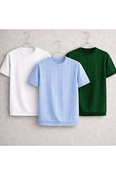 threeoff Men's Vertical Striped Knitwear T-Shirt Set of 3 – Summer Thin Knitt...