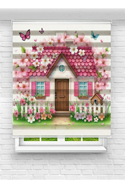 akel collection Çiçekli Ev Desenli Baskılı Zebra Stor Perde – Çocuk Odası Dek...