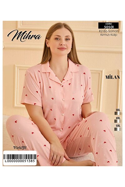 Ventillo Büyük Beden Pijama Takımı Kalp Desenli Önden Düğmeli Kısa Kollu Raha...
