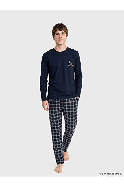 LC Waikiki Rmz Gi̇yi̇m Farkiyla Standardfit Checkered Embroidered Men's Pajam...