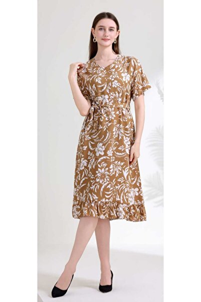 BRK Women's soft cotton nightgown, short sleeves, with a waist tie