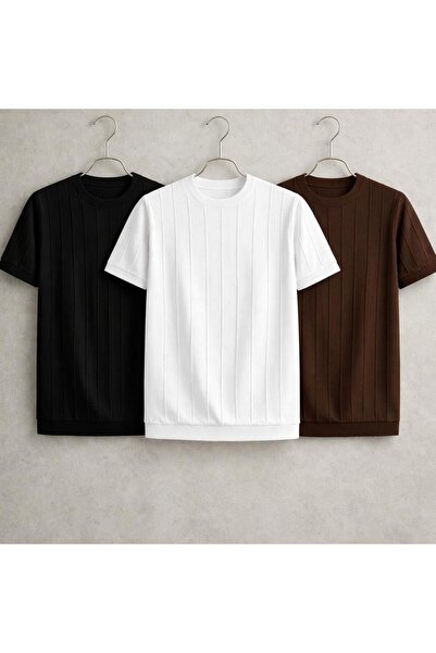 threeoff Men's Vertical Striped Knitwear T-Shirt Set of 3 – Summer Thin Knitt...