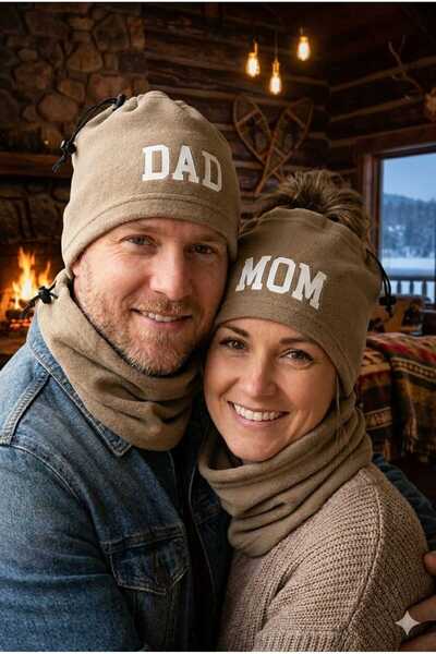 Betülce Mom Dad Printed Fleece Neck Warmer Set – Mother and Father Couple Com...