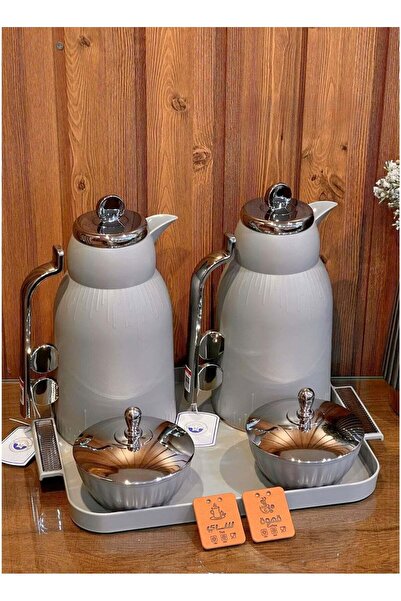 Louvre Luxury Set of 2 Tea & Coffee Thermos 1L Each with Serving Tray & 2 Dat...