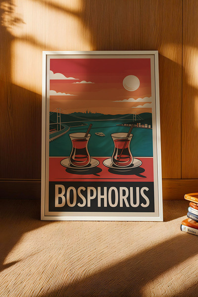 e2nova İstanbul Boğazı Tablo - Bosphorus Retro Travel Poster - Çay Keyfi Manz...