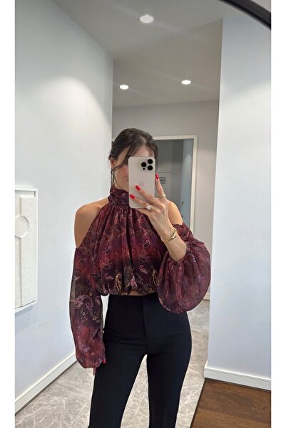 Selin Damla Kadın Halter Yaka Desenli Şifon Omuz Dekolteli Bluz