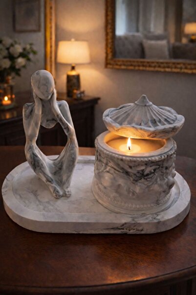 MANİFEST CANDLE Mermer Görünümlü Dekoratif Mumluk Heykel Seti – Tepsili Lüks ...