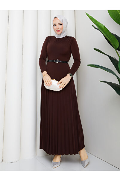 TOKARİS TEKSTİL Women's Draped Ruched Pleated Belt Piece Hijab Dress