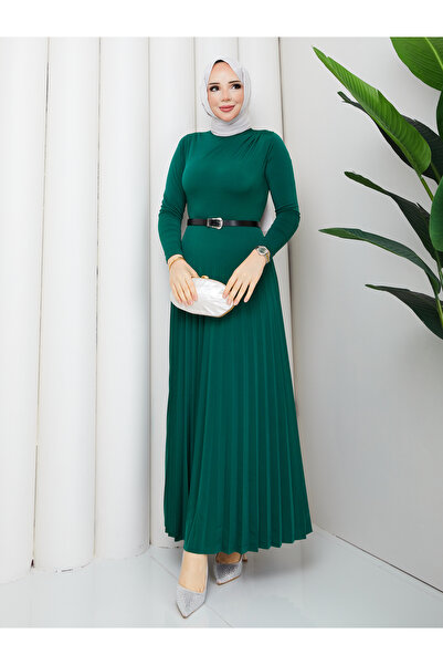 TOKARİS TEKSTİL Women's Draped Ruched Pleated Belt Piece Hijab Dress