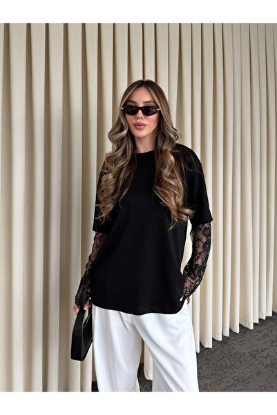 Laluvia Black Sleeves Lace Pack Blouse - 1049