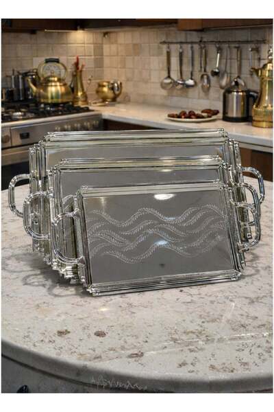ALQANNAS Set of 3 Silver Stainless Steel Tray | Elegant Rectangular Tray Set ...