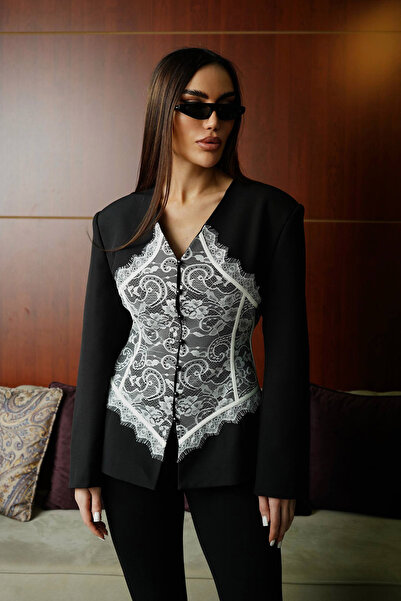 Ortaya Çık Jachetă neagră premium, cu design dantelă și croială cambrată în t...