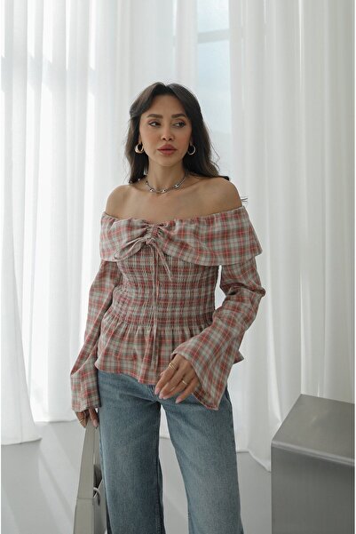 Havoş Pink Strapless Volan Detailed Plaid Blouse