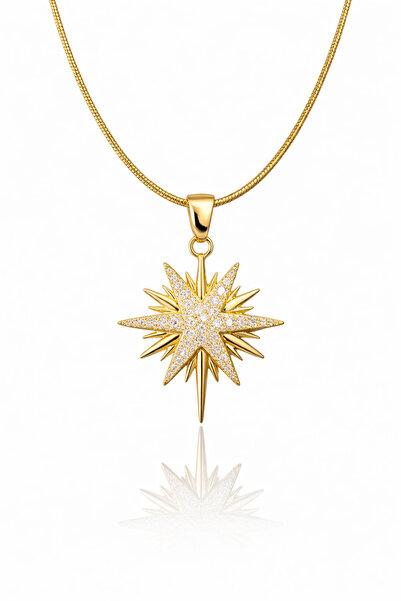 staınless steel Zirkon Taşlı Kutup Yıldızı Çelik Kolye – Gold Renk Işıltılı K...