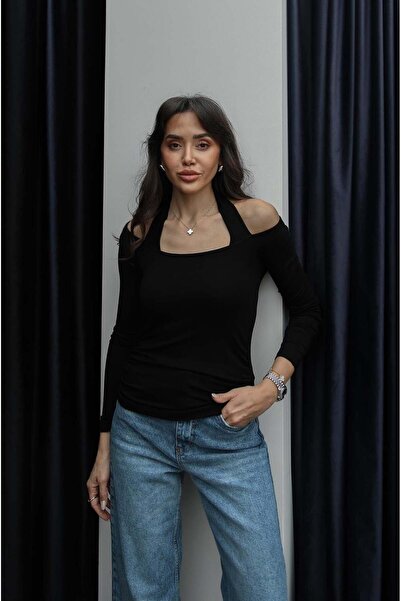 Havoş Black Draped Blouse with Halter Neck Detail