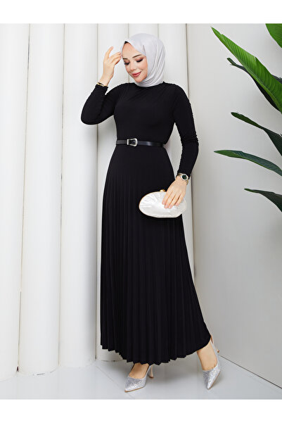 TOKARİS TEKSTİL Women's Draped Ruched Pleated Belt Piece Hijab Dress
