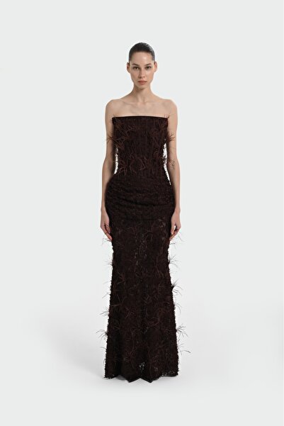 cercis KADIN ABİYE KORSAJ VE BALEN DETAYLI TÜY İLAVELİ DANTEL UZUN ŞIK ELBİSE