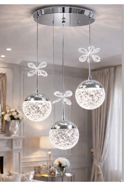 Allians Modern Parlak Krom Led Avize, Üçlü Sarkıt, Güçlü Işık, Salon Dekorasyonu