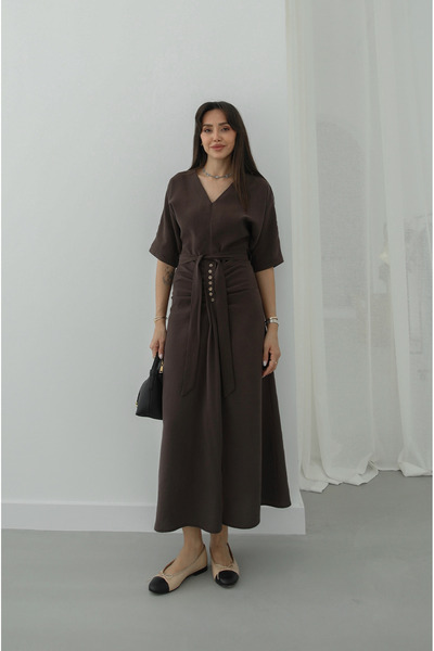 Havoş Brown Belted Dress with Button Detail on the Front