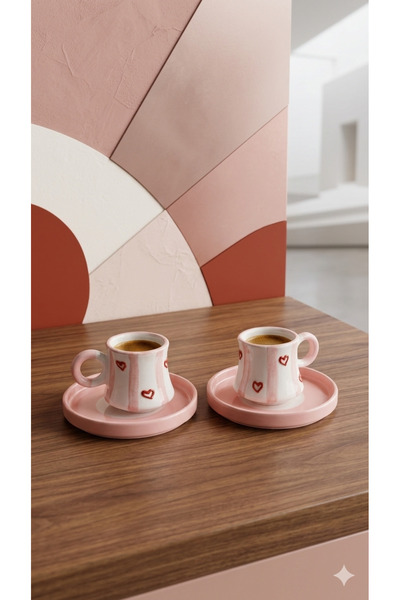 Ceramillion Pembe Kalp Desenli Modern Tasarım Espresso ve Türk Kahvesi Fincanı
