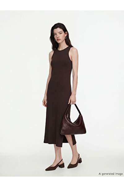 LC Waikiki Lcw Comfort Brown Crew Neck Slit Bodycon Dress