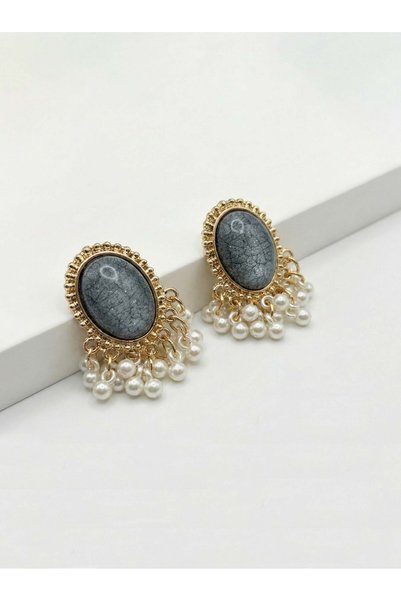 GAMBU Gold Color Oval Stone Looking Pearl P Tasseled Women's Earrings