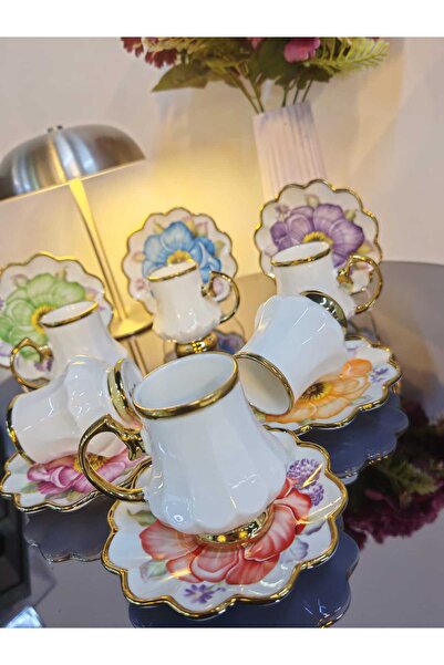 SİHİR Mien 6 kişilik bahar renkli Gold detaylı fincan takımı