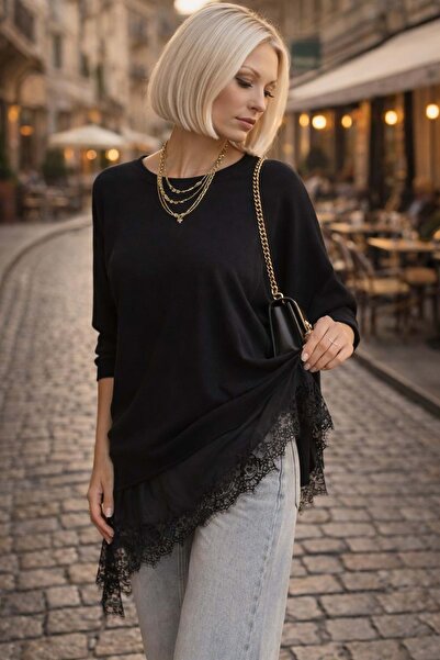 ibeeka Bella Lace Asymmetrical Lace Detailed Black TENCEL™ Design Blouse - Bl...