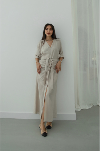 Havoş Beige Belted Dress with Button Detail on the Front