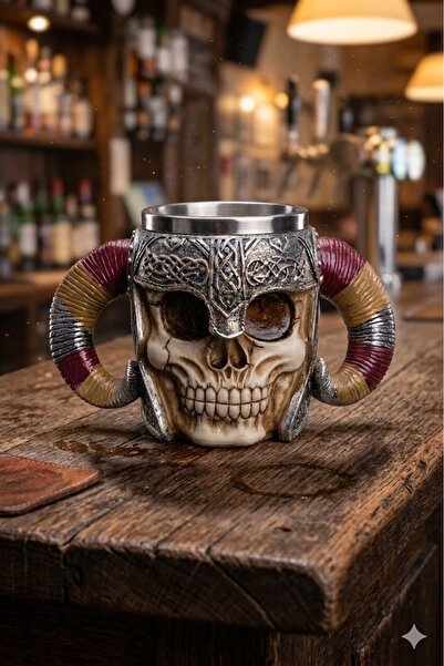 MINDA Boynuzlu Kuru Kafa Kupa Bardak Viking Tasarım - Paslanmaz Çelik 450 ml