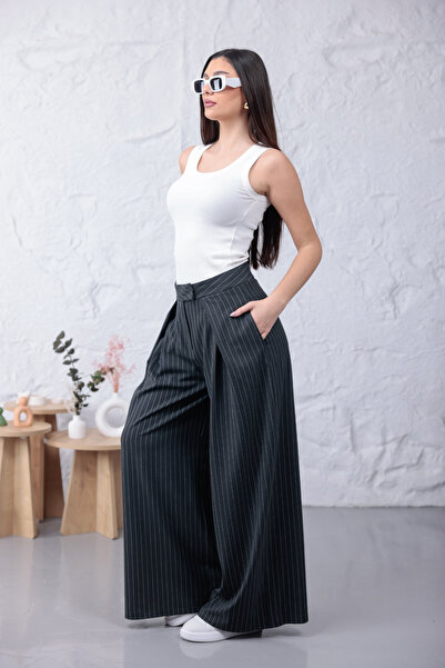 happinice Modern Kesim Çizgili Kahverengi Bol Paça Pantolon