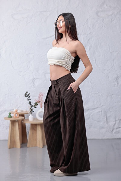 happinice Μοντέρνο ριγέ καφέ παντελόνι με φαρδιά μπατζάκια