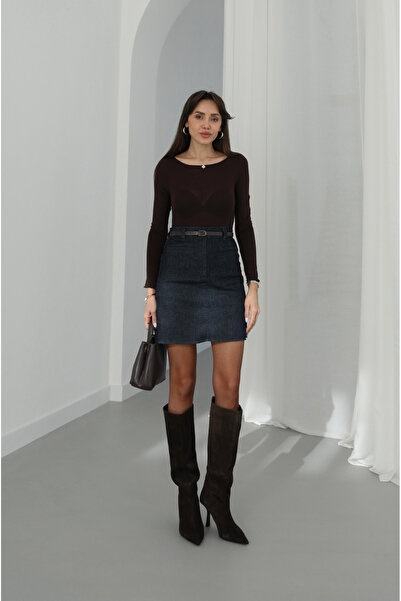 Havoş Navy Blue Thin K Belt I D Denim Skirt