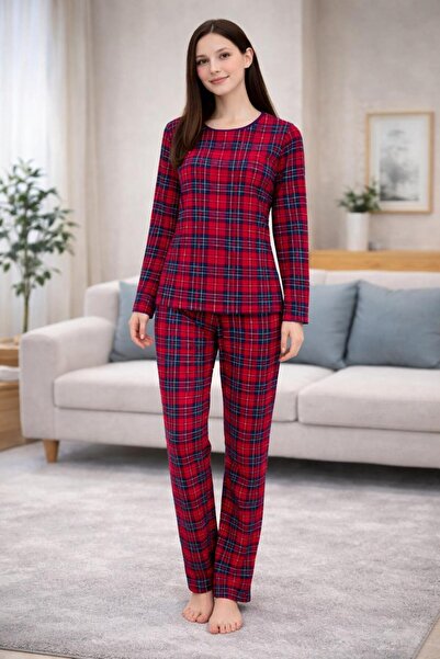 SOSYETE AVM Women's Plaid Patterned Long Sleeve Pajama Set