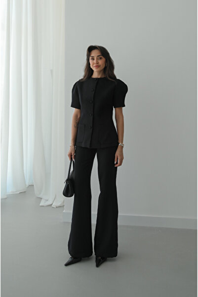 Havoş Siyah Mini Cepli Vatkalı Ceket Pantolon Takım