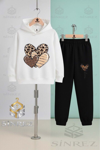 SİNREZ Children's Unisex Hearts Leopard Printed Li Hooded Tracksuit Set