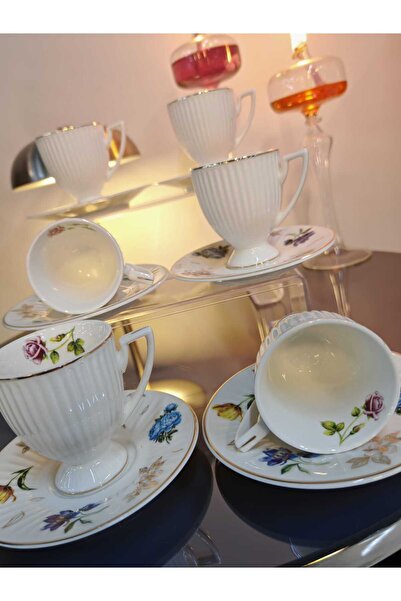 SİHİR Mien 6 kişilik çiçekli porselen kahve fincanı takımı